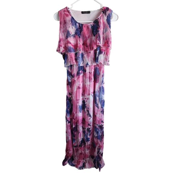 Mia Mia Collection Womens Sz M Maxi Dress Micro Pleat Pink Blue Floral - Picture 1 of 3